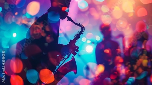 Saxophonist playing the saxophone with blurred colorful lights in the background. photo