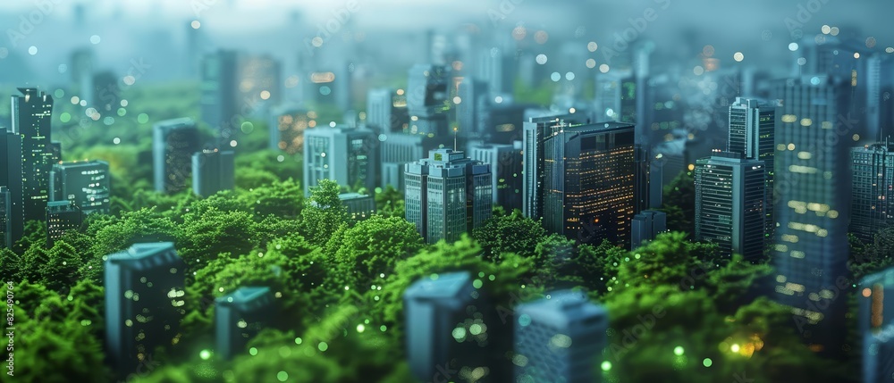 Close up of a city skyline with green rooftops