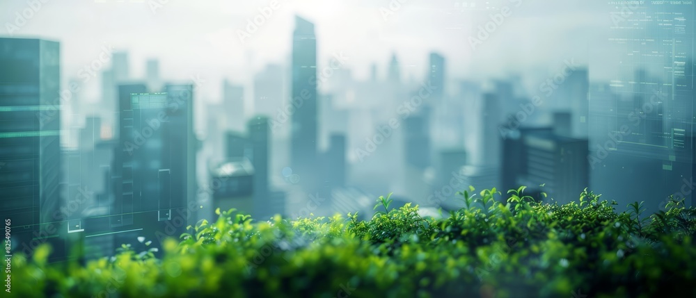 Close up of a city skyline with green rooftops
