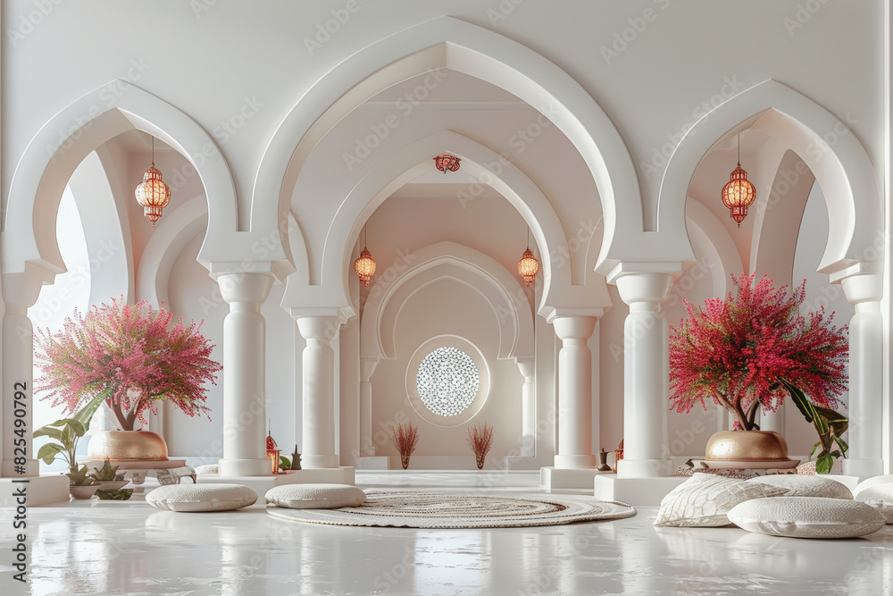 Luxurious interior with white arches, red flowers, and cozy seating area, ideal for serene and elegant decor themes. Islamic New Year