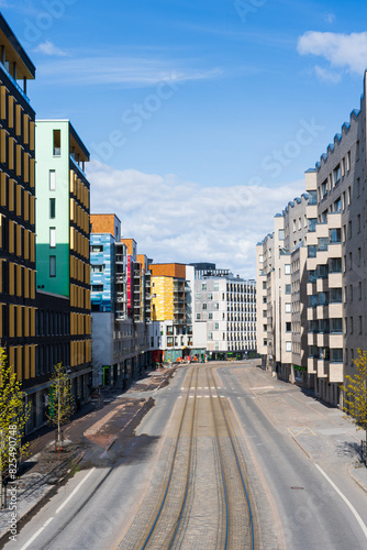 Downtown Helsinki street with a tram way.