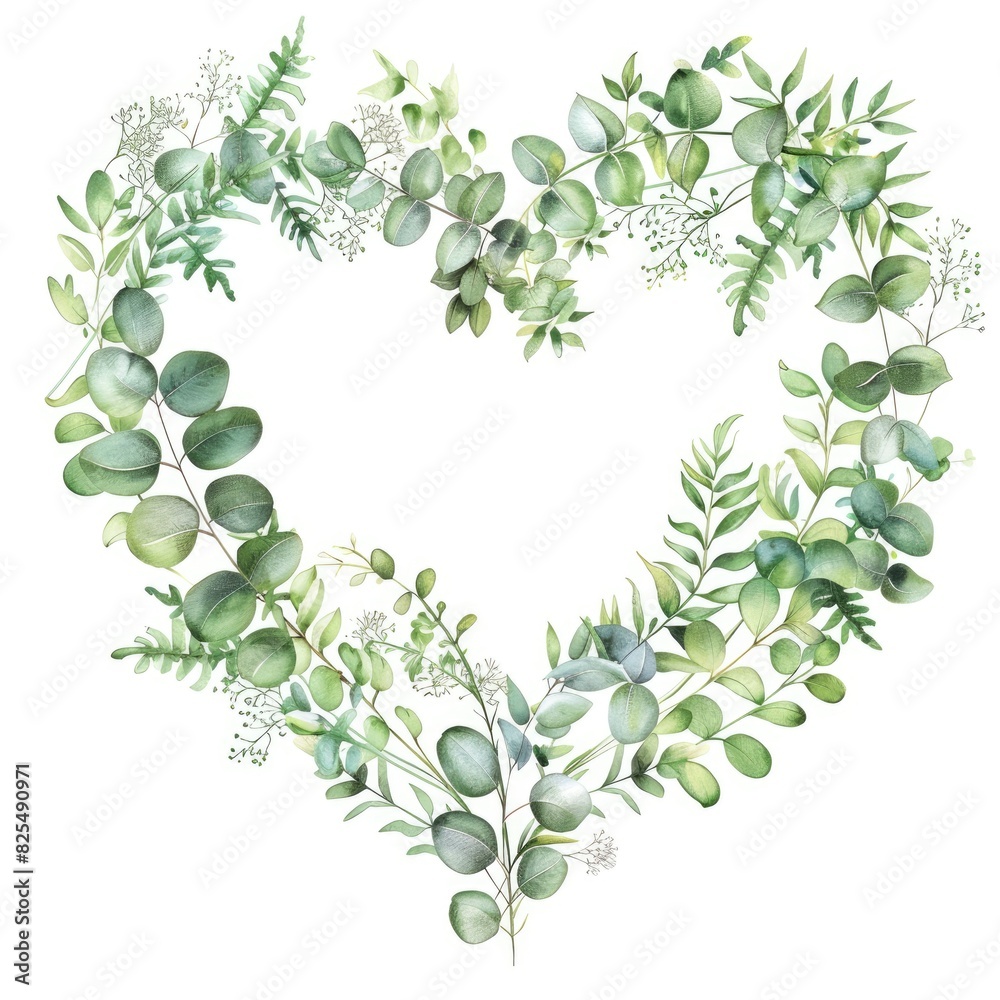 Heart Invitation. Watercolor Floral Wreath of Greenery for Wedding ...