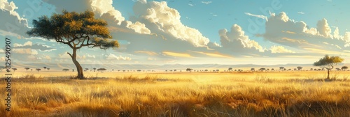Grass Dry. Savanna Landscape with Natural Grassy Field and Blue Sky
