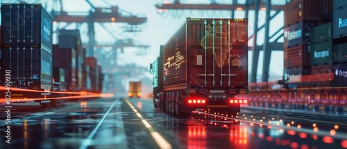 Close up of a container truck in ship port for business logistics and transportation