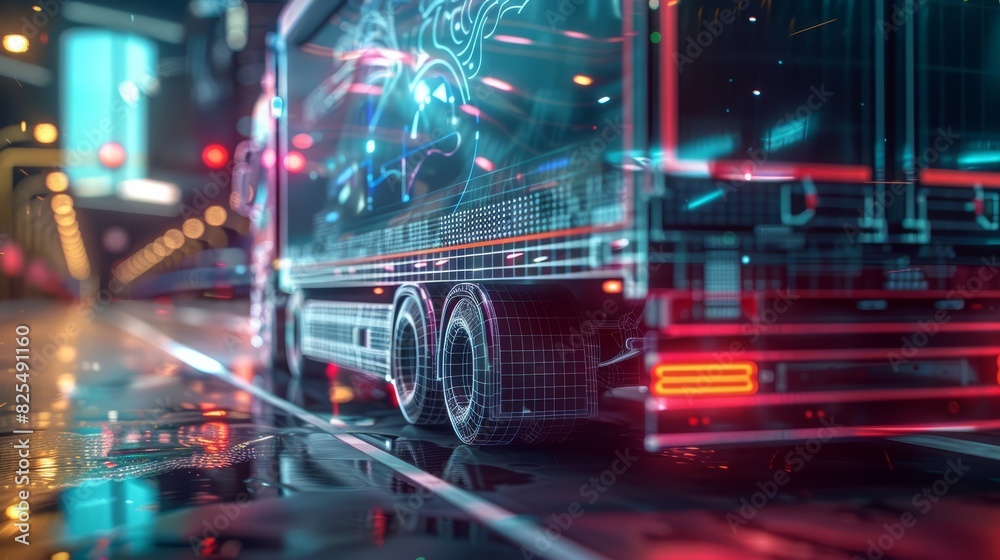 Close up of a futuristic truck with trailer scene with wireframe intersection