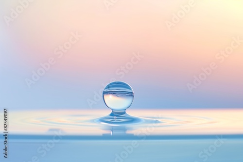 Tranquil macro photography of a single water drop with a delicate sunset landscape reflected within it  creating a serene scene of natural beauty and peacefulness