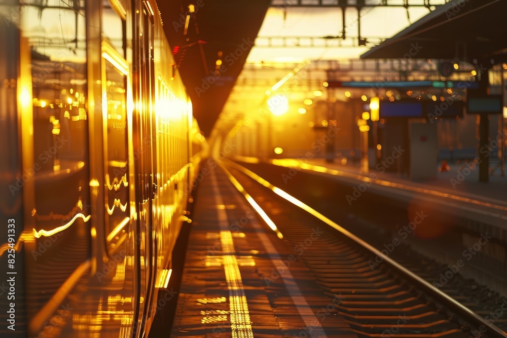 Close up of a highspeed train at a railway station at sunset Close up of a highspeed train at a railway station at sunset