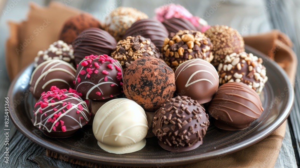 Plate Full of Chocolates on Wooden Table Plate Full of Chocolates on Wooden Table