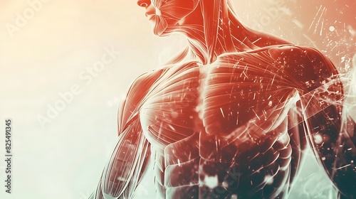 The image shows a detailed view of the human muscular system. photo
