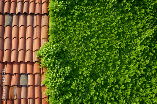 Abandoned house roof with foliage background photo