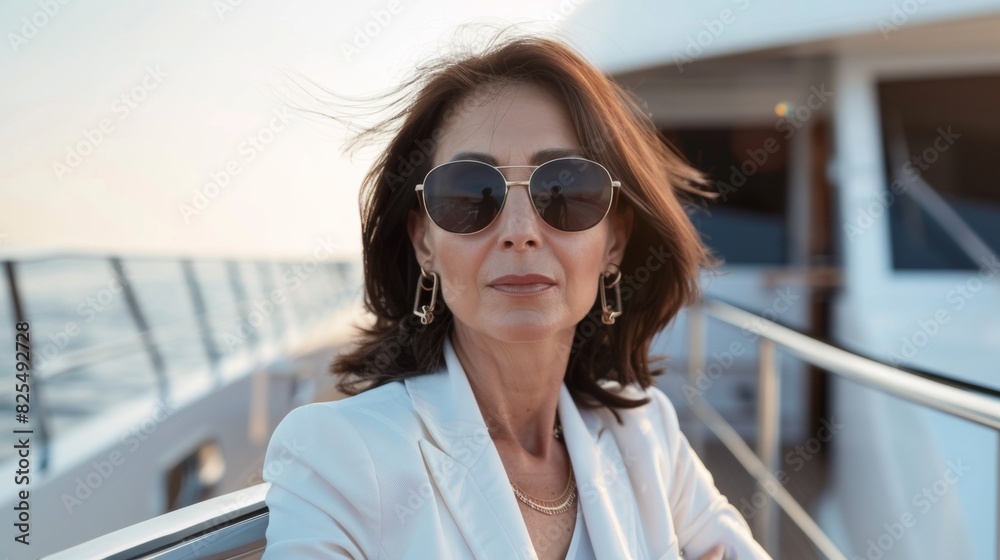 Fashion portrait of a senior female model on yacht in sea. Fashion portrait of a senior female model on yacht in sea.