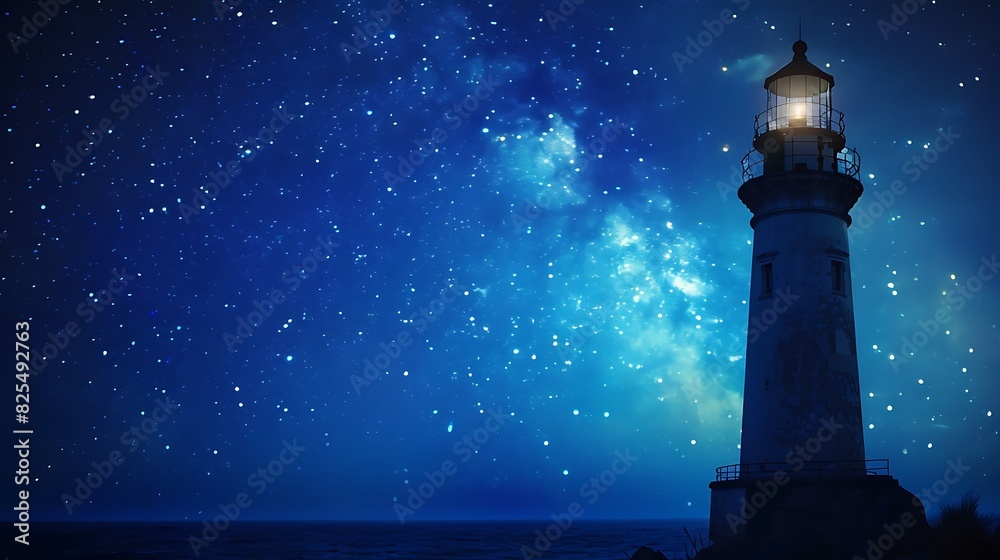 The photo shows a lighthouse at night