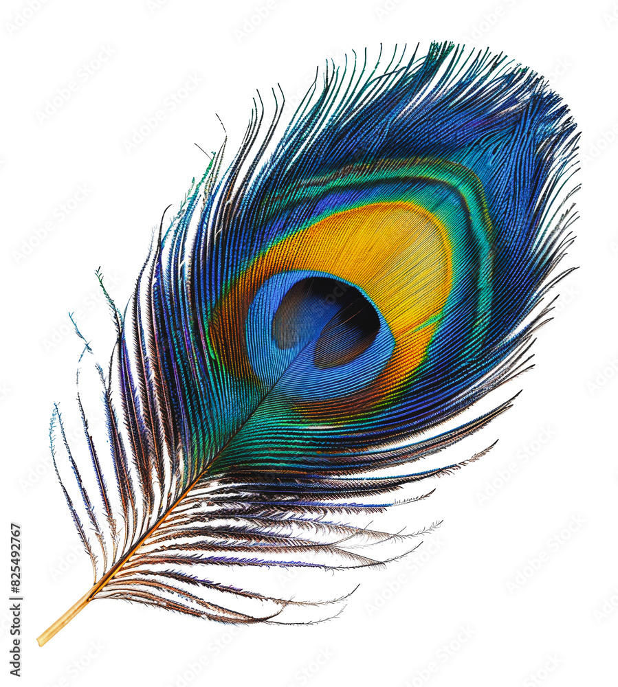 Fototapeta premium Colorful peacock feather close-up, cut out - stock png.