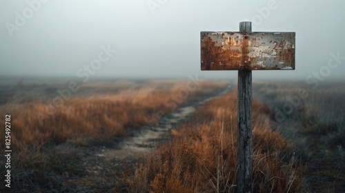 Vintage wooden signpost on a path in a field photo