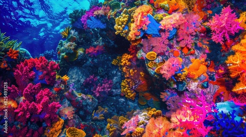 Ocean Coral Reef. Vibrant Underwater Red Sea Colony with Bright Blue and Red Ocean Colors