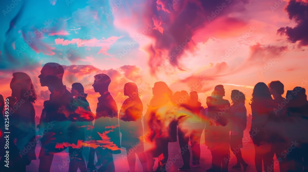 Fototapeta premium Stunning double exposure of silhouetted partygoers against a colorful sunset sky