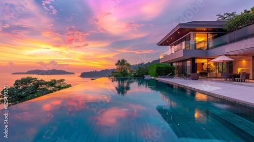 Swimming pool of a large mansion at dusk.