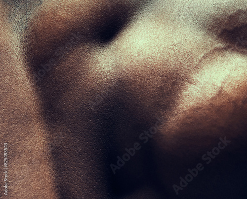 Muscle, skin and back of man with art, fitness and bodybuilder with glow, shine and gym aesthetic. Wellness, health and strong athlete with power, flexing and topless closeup of natural body shape
