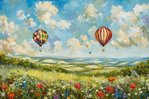 whimsical hot air balloons floating above lush green fields and vibrant wildflowers dreamy landscape painting