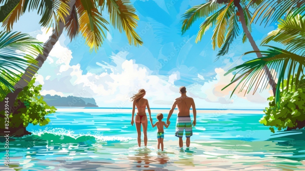 Family in tropical sea with palm tree in vacation. Family in tropical sea with palm tree in vacation.