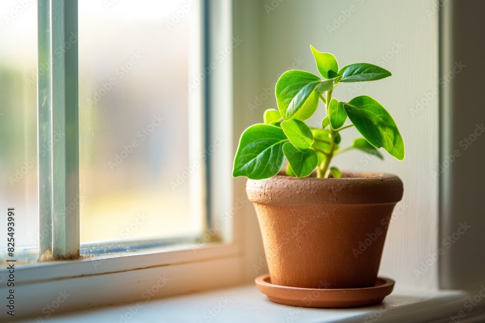 Healthy green plant thrives in a terracotta pot, basking in the natural sunlight streaming through a clean window, symbolizing growth and the importance of nature in home decor