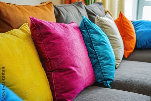 Decor Pillow. Closeup of Colorful Pillows on Comfortable Sofa in Bright, Clean Room