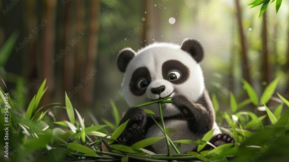 A cute panda with bamboo leaves in bamboo forest A cute panda with bamboo leaves in bamboo forest