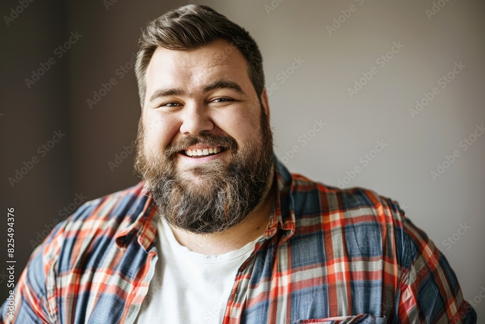 Large Man. Funny Fat Guy with Bushy Beard Smiling in Plaid Shirt - Isolated Portrait Large Man. Funny Fat Guy with Bushy Beard Smiling in Plaid Shirt - Isolated Portrait