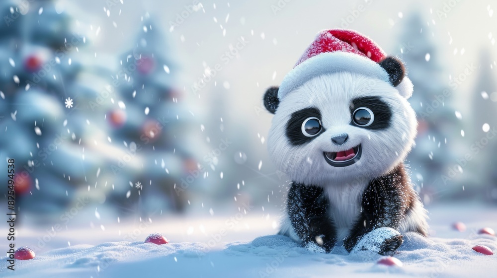 Cute panda with Christmas cap in snow field in winter. 3D illustration. Cute panda with Christmas cap in snow field in winter. 3D illustration.