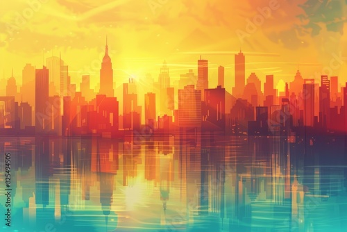 Tranquil and serene urban cityscape with vibrant and colorful sunset skyline reflection over the water. Featuring glowing skyscrapers and a warm