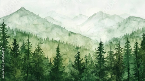 Mountain Water Color. Green Forest Landscape with Watercolor Pine Trees