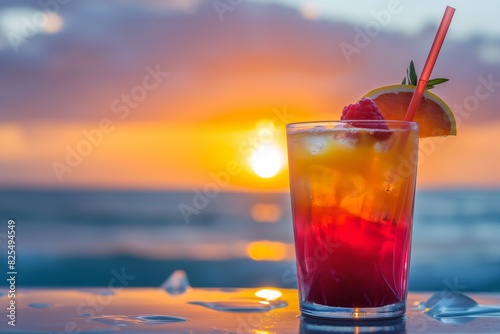 Refreshing tropical cocktail garnished with fruit against a stunning sunset backdrop. The vibrant colors of the drink mirror the warm hues of the evening sky, perfect for summer ads