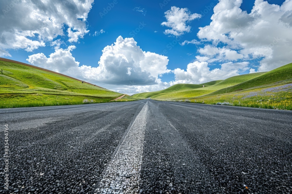 Fototapeta premium Sky Perspective. Empty Asphalt Square Road in Blue Sky Background