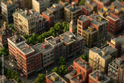 Tiltshift miniature effect on an idyllic, model urban neighborhood bathed in warm sunlight