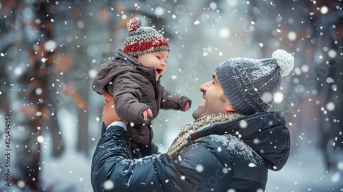 Dad holding a cute baby in air in snowing winter outdoors