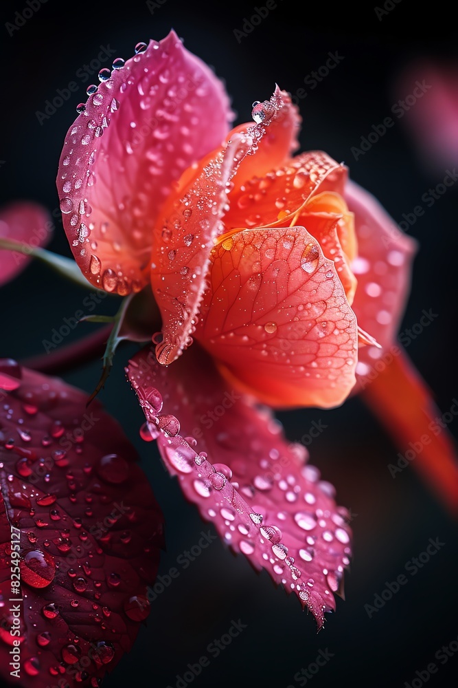 A single pink rose with dew drops on its petals,  close-up with a blurred background.