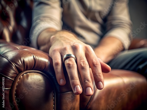 Nervous Anticipation: A photorealistic close-up of a single hand (young adult, slightly trembling) fidgeting with a silver wedding band on the ring finger. 