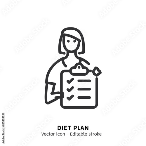 Healthy eco diet plan line icon. Fresh organic vegetable. Woman planning diet with fruit and vegetable. Flat outline icon of healthy food, meal planning, nutrition consultation, balance diet