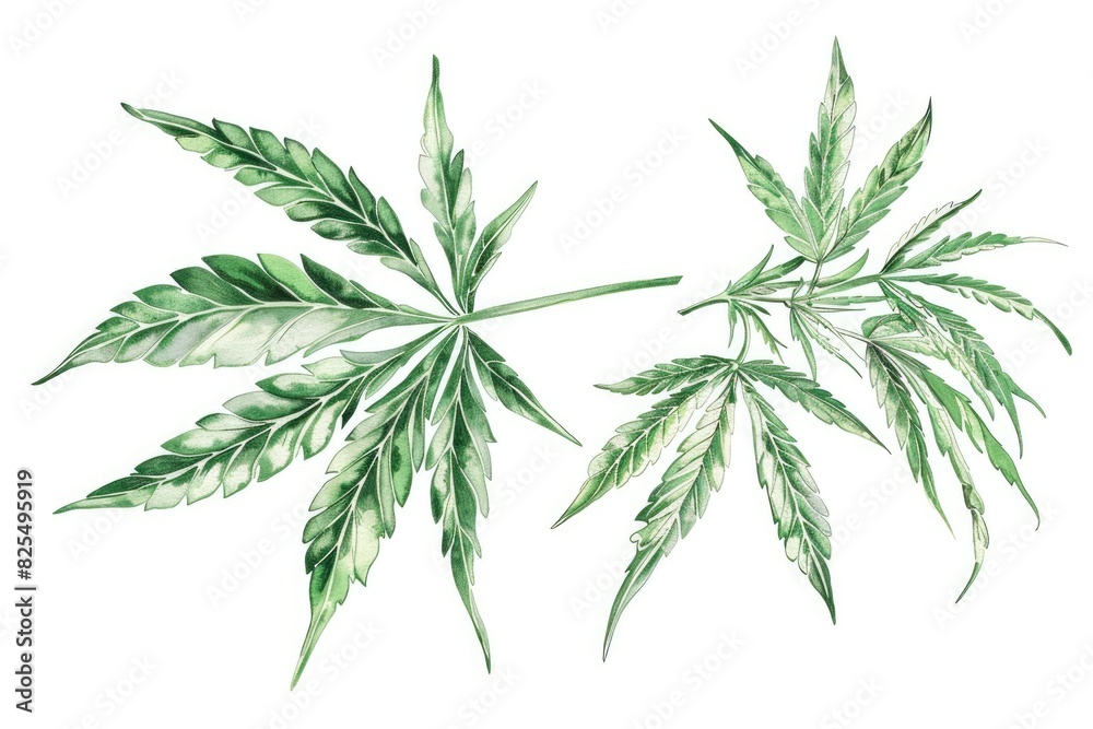 Cannabis Botanical. Set of Botanical Drawings of Male and Female Cannabis Plants in Green Illustration Cannabis Botanical. Set of Botanical Drawings of Male and Female Cannabis Plants in Green Illustration