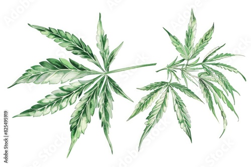 Cannabis Botanical. Set of Botanical Drawings of Male and Female Cannabis Plants in Green Illustration