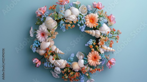 Wreath made of summer flowers and seashells © N0X
