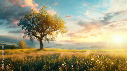 "Summer Valley Landscape Panorama with Tree at Sunset" © mattegg
