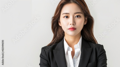 Korean Woman. Beautiful Businesswoman in White Suit Isolated on White Background