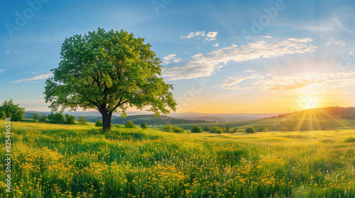  Summer Valley Landscape Panorama with Sunset Sky and Tree 