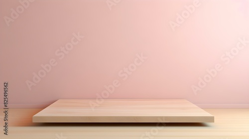 Close up of a square wooden Pedestal for Product Presentation. Empty blush Showroom © drdigitaldesign