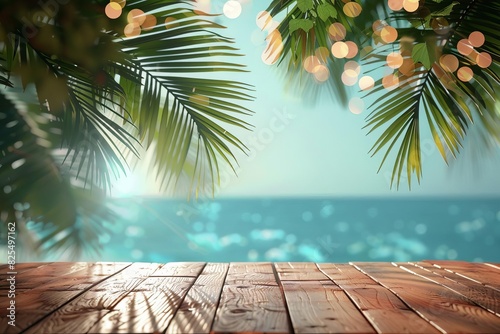 wooden table with tropical seascape palm leaves and bokeh lights 3d illustration