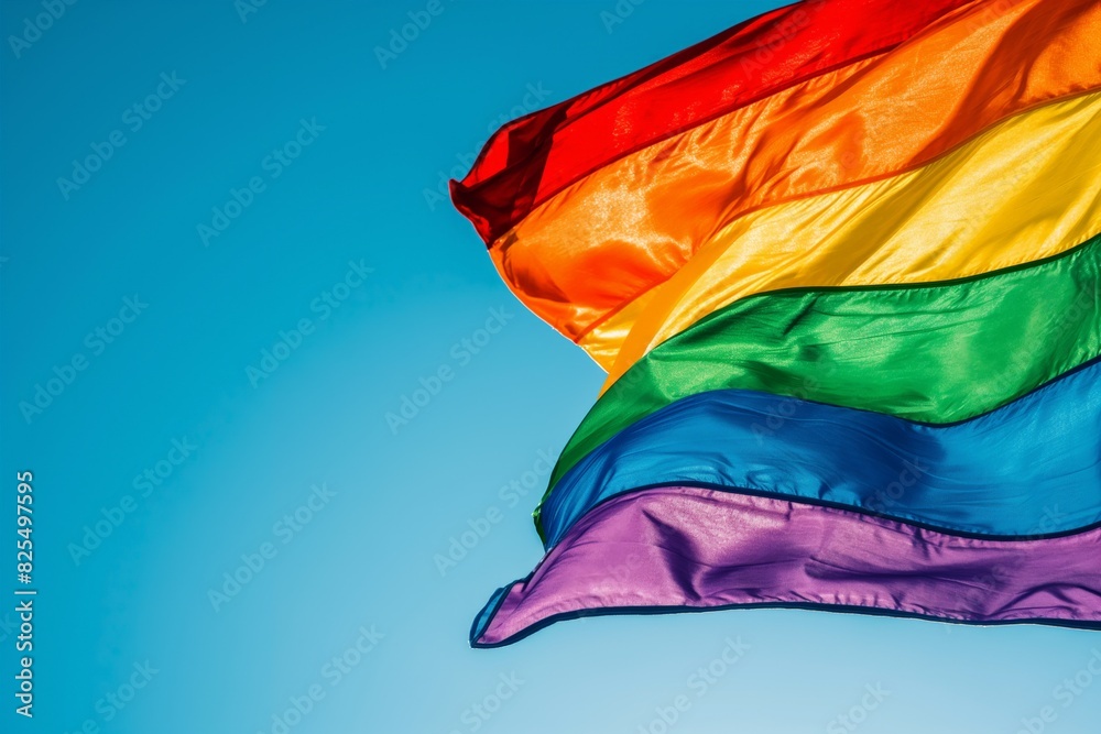 Brightly colored lgbtq+ pride flag flutters in the wind with a clear, blue sky in the background, symbolizing freedom, diversity, and the spirit of the gay rights movement
