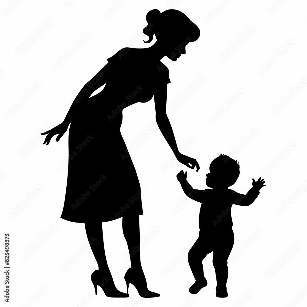 silhouette image featuring a realistic mother engaging in various playful activities with her child