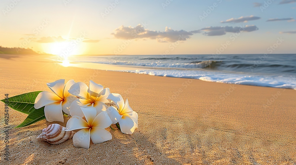 Bouquet of flowers on beach with sunset, facing ocean Bouquet of flowers on beach with sunset, facing ocean