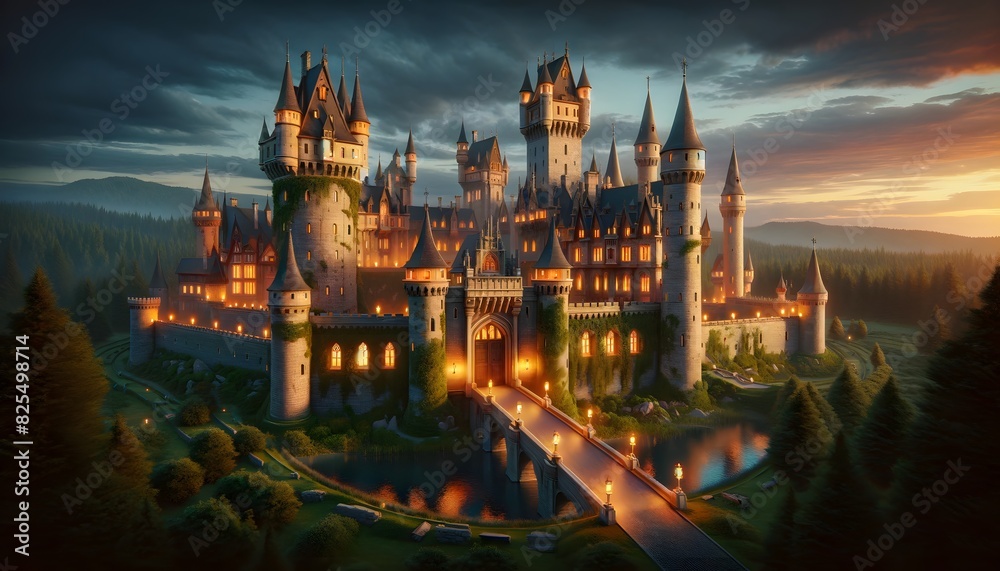 A cozy castle scene featuring a warm, inviting castle with glowing windows, surrounded by lush greenery and a serene river at twilight.